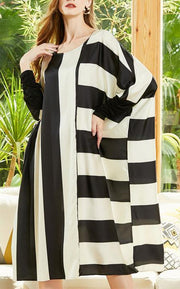 Style Black White Striped Chiffon Batwing Sleeve Spring Dress - bagstylebliss