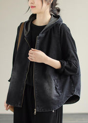 Style Black Zippered Patchwork Hoodie Denim Coat Fall