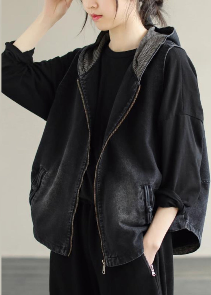 Style Black Zippered Patchwork Hoodie Denim Coat Fall