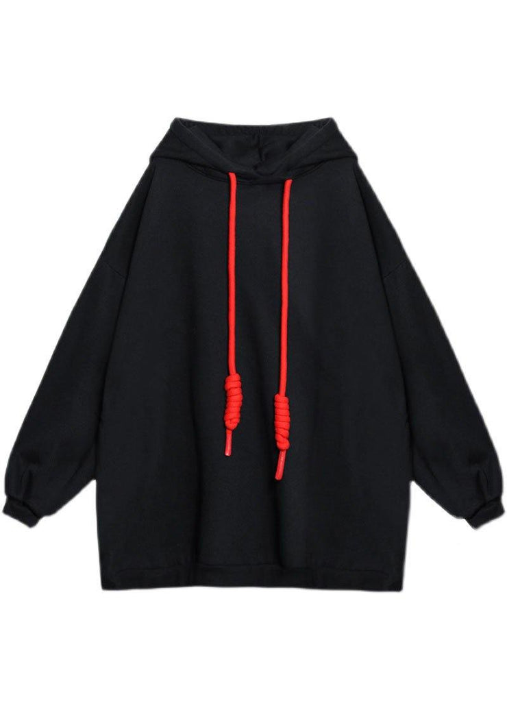 Style Black hooded Pockets Drawstring Fall Loose Sweatshirts Top - bagstylebliss