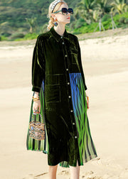 Style Blackish Green Striped Silk Velour Patchwork Button Maxi Dress Long Sleeve