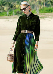 Style Blackish Green Striped Silk Velour Patchwork Button Maxi Dress Long Sleeve