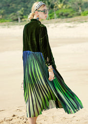 Style Blackish Green Striped Silk Velour Patchwork Button Maxi Dress Long Sleeve