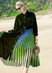 Style Blackish Green Striped Silk Velour Patchwork Button Maxi Dress Long Sleeve