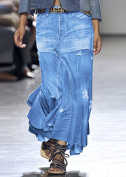 Style Blue Asymmetrical Wrinkled Pockets Patchwork Denim Skirt Summer