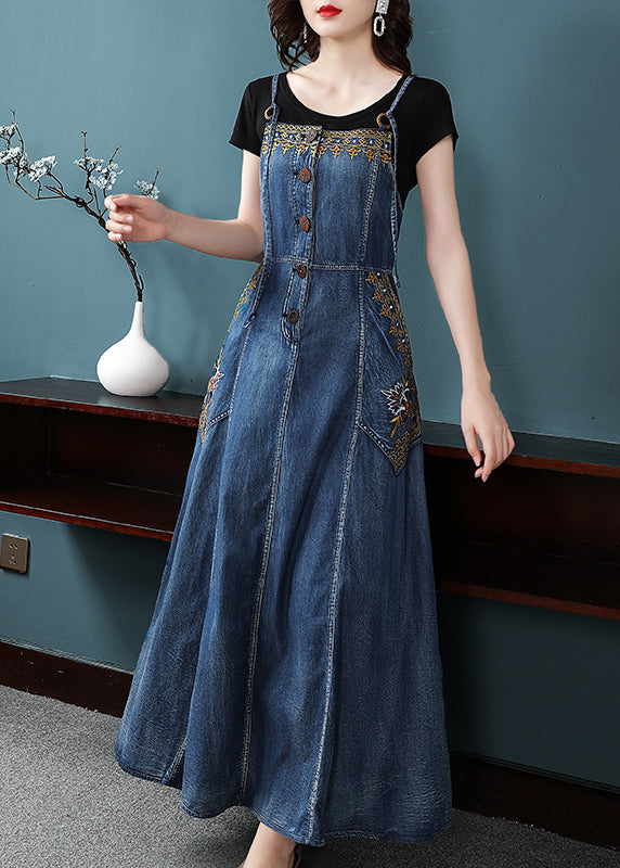 Style Blue Button Qocket Embroideried Spaghetti Strap Cotton Dresses Spring