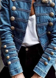 Style Blue Double Breast Patchwork Slim Fit Denim Coat Spring