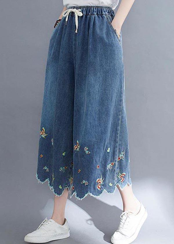 Style Blue Embroideried Crop Wide Leg Summer Pants - bagstylebliss