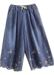 Style Blue Embroideried Crop Wide Leg Summer Pants - bagstylebliss