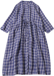 Style Blue Grey Plaid Pockets Cinched Tie Waist Fall Patchwork Robe Dresses Long sleeve - bagstylebliss