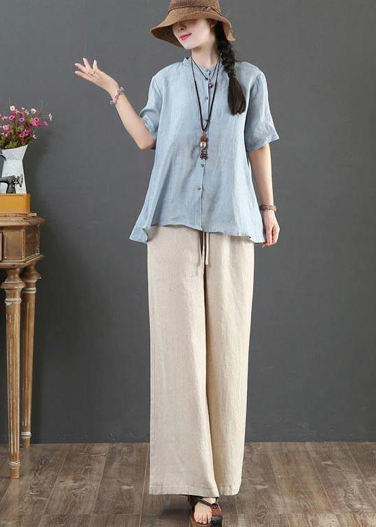 Style Blue Half Sleeve Linen Shirt Tops Summer - bagstylebliss