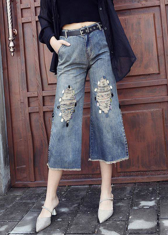 Style Blue High Waist Pockets Side Open Pailletten Cotton Denim Crop Pants Summer