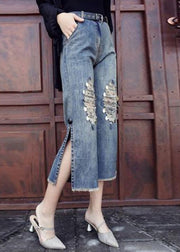 Style Blue High Waist Pockets Side Open Sequins Cotton Denim Crop Pants Summer