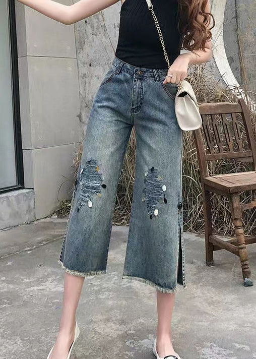 Style Blue High Waist Pockets Side Open Pailletten Cotton Denim Crop Pants Summer