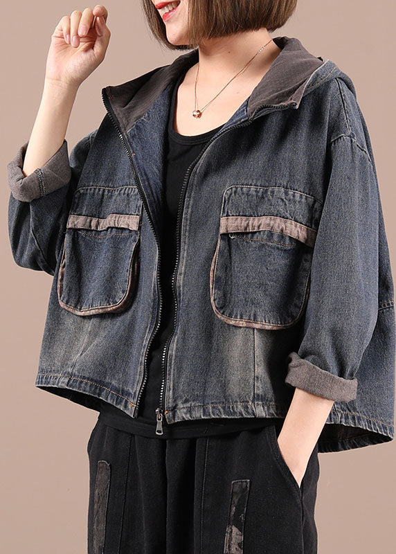 Style Blue Hooded Loose Pockets Button Fall Coat Long Sleeve