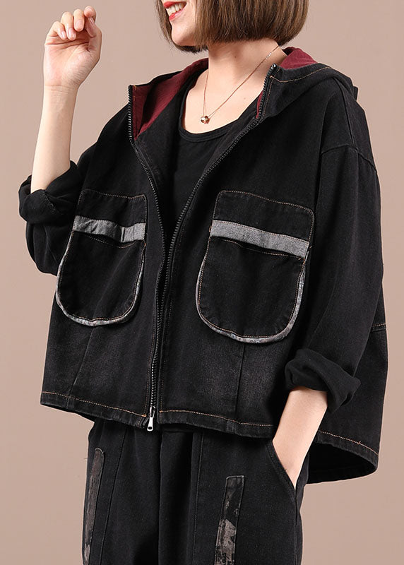 Style Blue Hooded Loose Pockets Button Fall Coat Long Sleeve