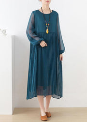 Style Blue Long Sleeve Chiffon O-Neck Summer Dresses - bagstylebliss