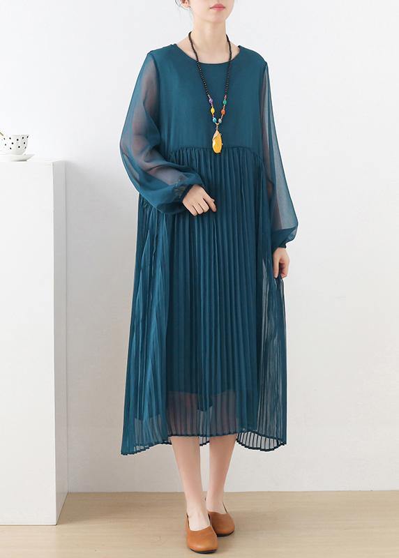 Style Blue Long Sleeve Chiffon O-Neck Summer Dresses - bagstylebliss