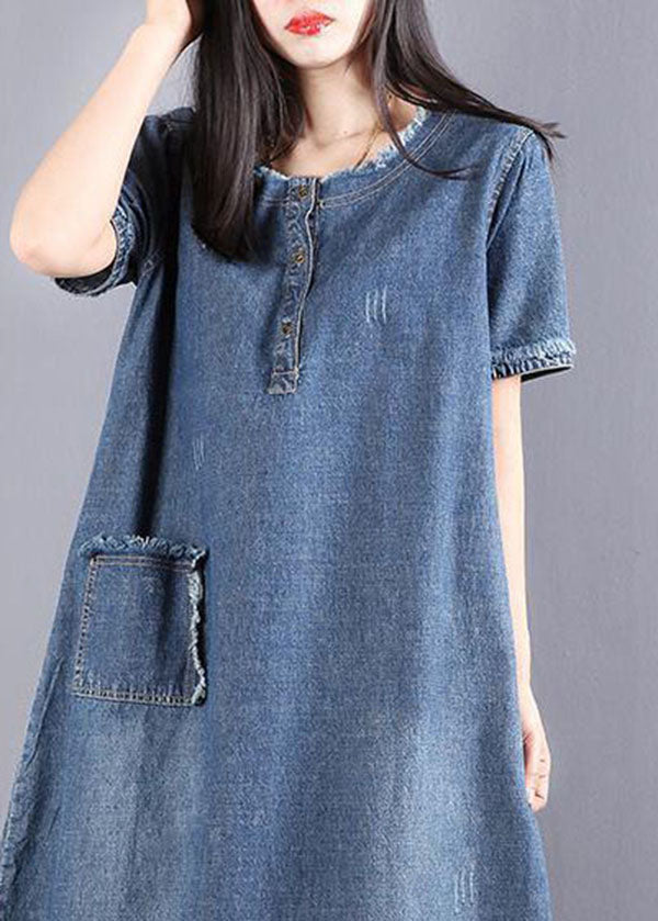 Style Blue O-Neck Quaste Pocket Side Open Cotton Vacation Denim Kleider Kurzarm