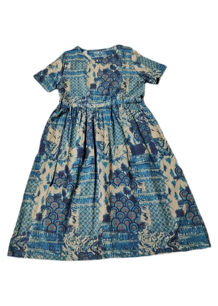 Style Blue O-Neck tie waist Print Linen Dress Short Sleeve