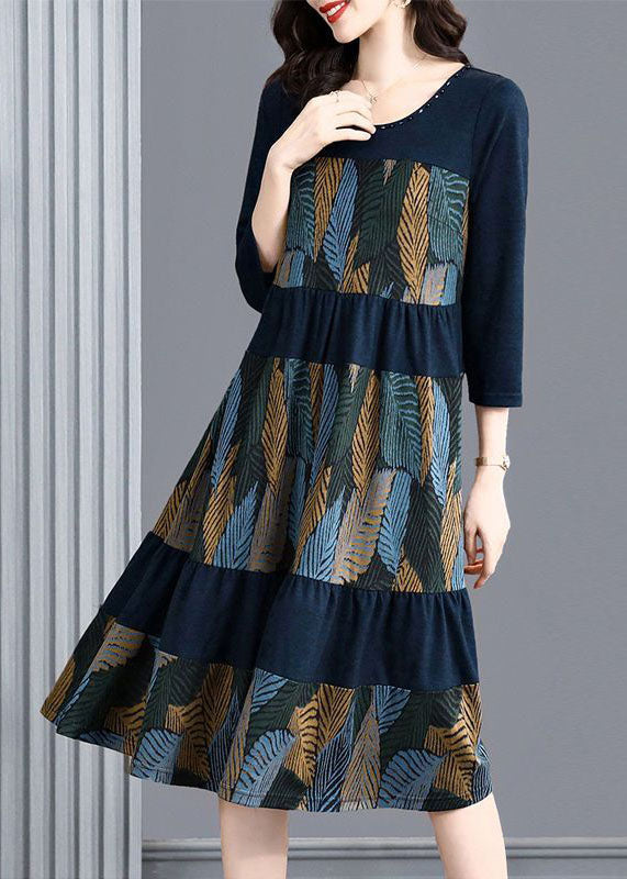 Style Blue Oversized Patchwork Print Dress Bracelet Sleeve