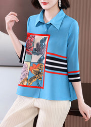 Style Blue Peter Pan Collar Striped Print Shirts Long Sleeve