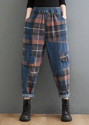 Style Blue Plaid Pockets elastische Taille Patchwork-Denim-Hosen Frühling