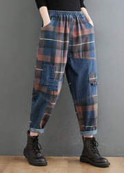 Style Blue Plaid Pockets elastische Taille Patchwork-Denim-Hosen Frühling