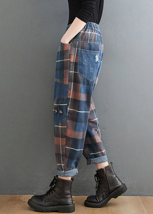 Style Blue Plaid Pockets elastische Taille Patchwork-Denim-Hosen Frühling