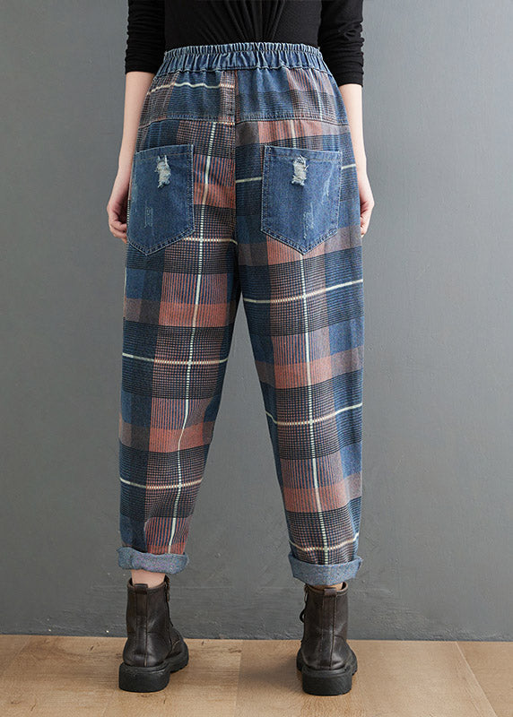 Style Blue Plaid Pockets elastic waist Patchwork Denim Pants Spring