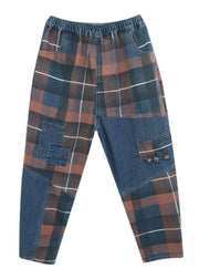 Style Blue Plaid Pockets elastische Taille Patchwork-Denim-Hosen Frühling