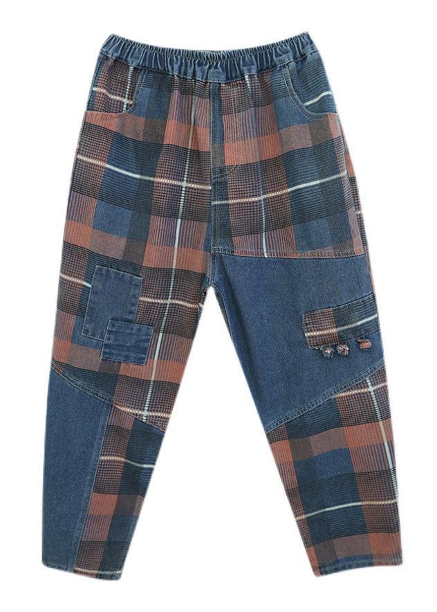 Style Blue Plaid Pockets elastic waist Patchwork Denim Pants Spring