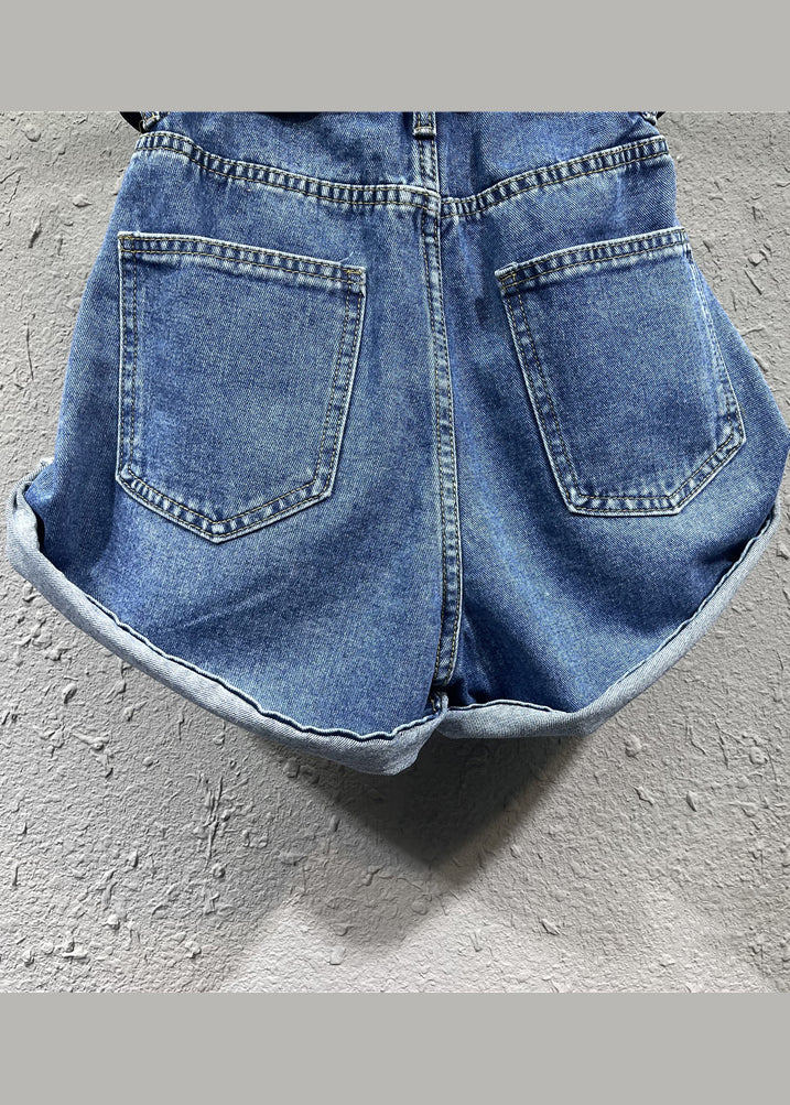 Style Blue Pockets Patchwork Denim Shorts Fall