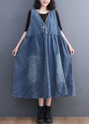 Style Blue V Neck Wrinkled Patchwork Denim Long Dress Fall