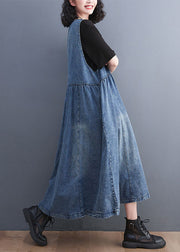 Style Blue V Neck Wrinkled Patchwork Denim Long Dress Fall