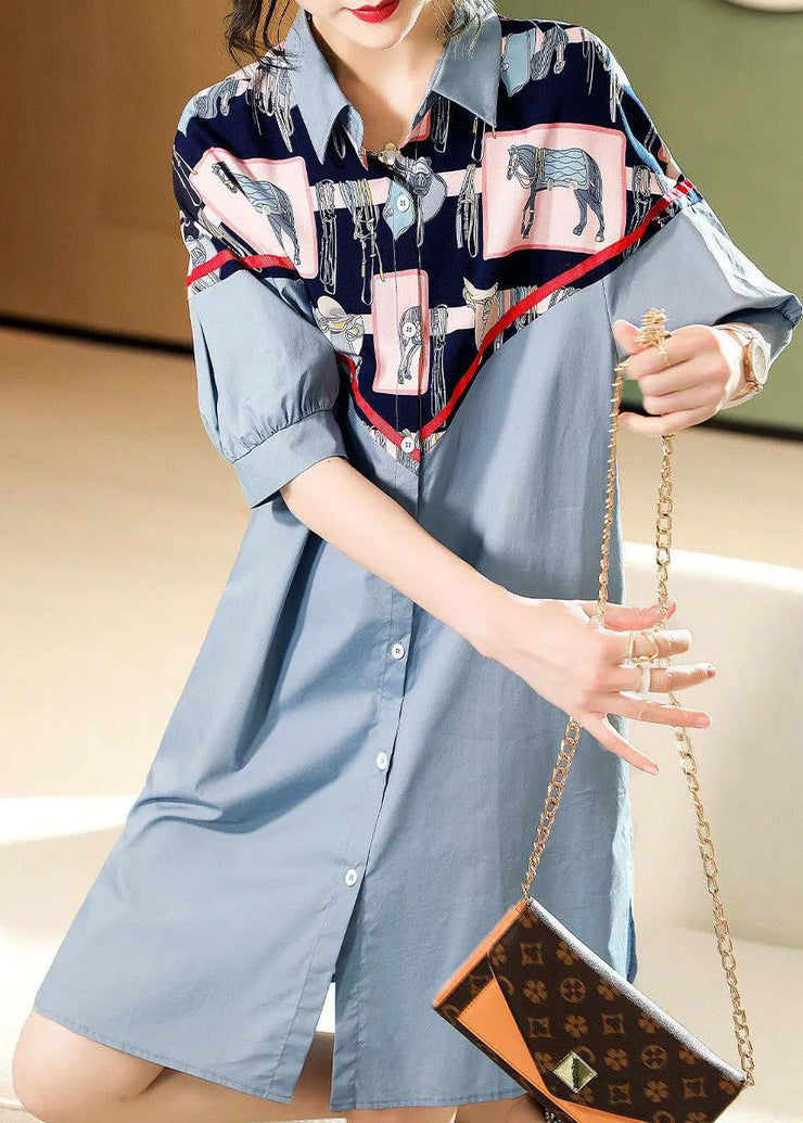 Style Blue button Peter Pan Collar print Patchwork shirt Dresses Half Sleeve