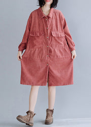 Style Brick Red Oversized Corduroy Vacation Dresses Spring