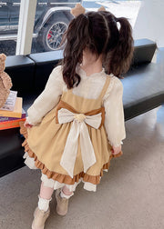 Style Brown Bow Ruffled Patchwork Cotton Girls Two Pieces Set Fall