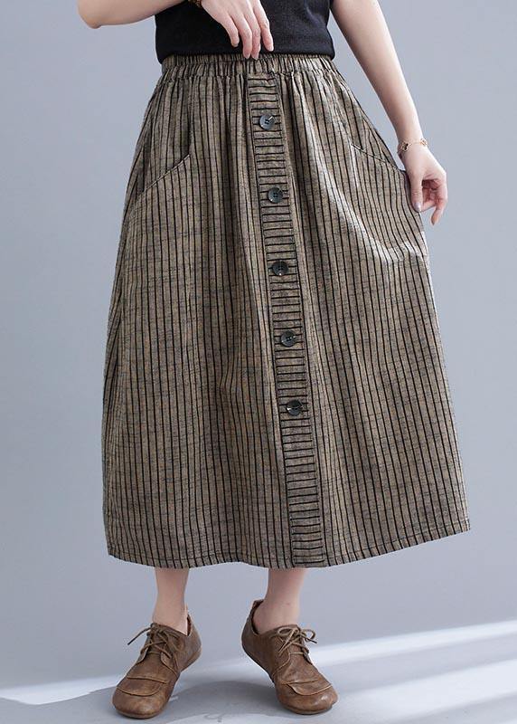 Style Brown StripedButton CottonLinen Skirts Summer - bagstylebliss