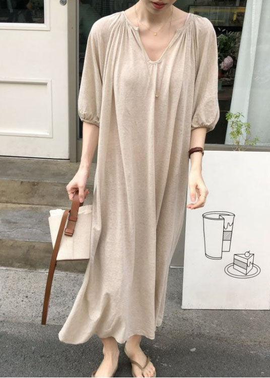 Style Camel V Neck Loose Linen Party Dress Half Sleeve