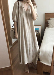 Style Camel V Neck Loose Linen Party Dress Half Sleeve