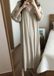 Style Camel V Neck Loose Linen Party Dress Half Sleeve