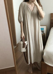 Style Camel V Neck Loose Linen Party Dress Half Sleeve