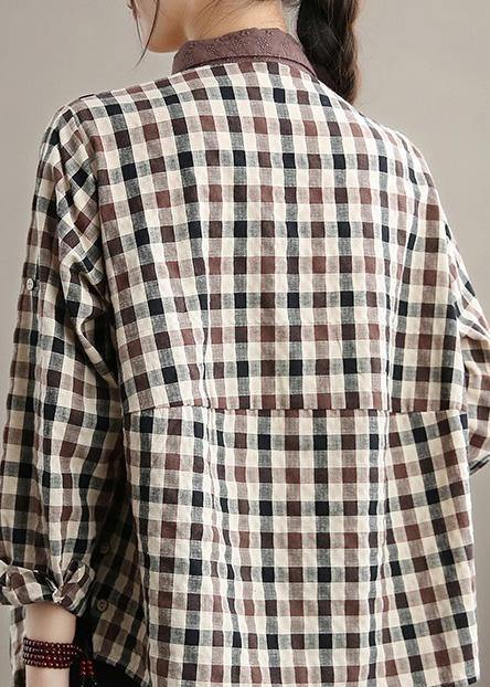 Style Chocolate Plaid Shirts Women Lapel Patchwork Vestidos De Lino Spring Shirts - bagstylebliss