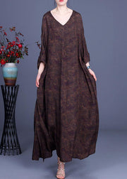 Style Chocolate Print V Neck side open Chiffon Dresses Summer - bagstylebliss