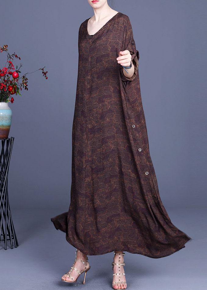 Style Chocolate Print V Neck side open Chiffon Dresses Summer - bagstylebliss