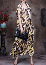 Style Chocolate Yellow V Neck Camouflage Print Silk Holiday Long Dress Short Sleeve