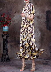 Style Coffee Yellow V-Ausschnitt Camouflage Print Silk Holiday Long Dress Short Sleeve