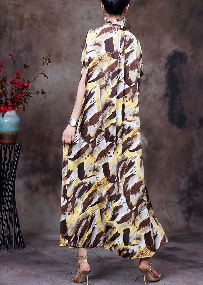 Style Coffee Yellow V-Ausschnitt Camouflage Print Silk Holiday Long Dress Short Sleeve