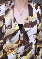 Style Chocolate Yellow V Neck Camouflage Print Silk Holiday Long Dress Short Sleeve